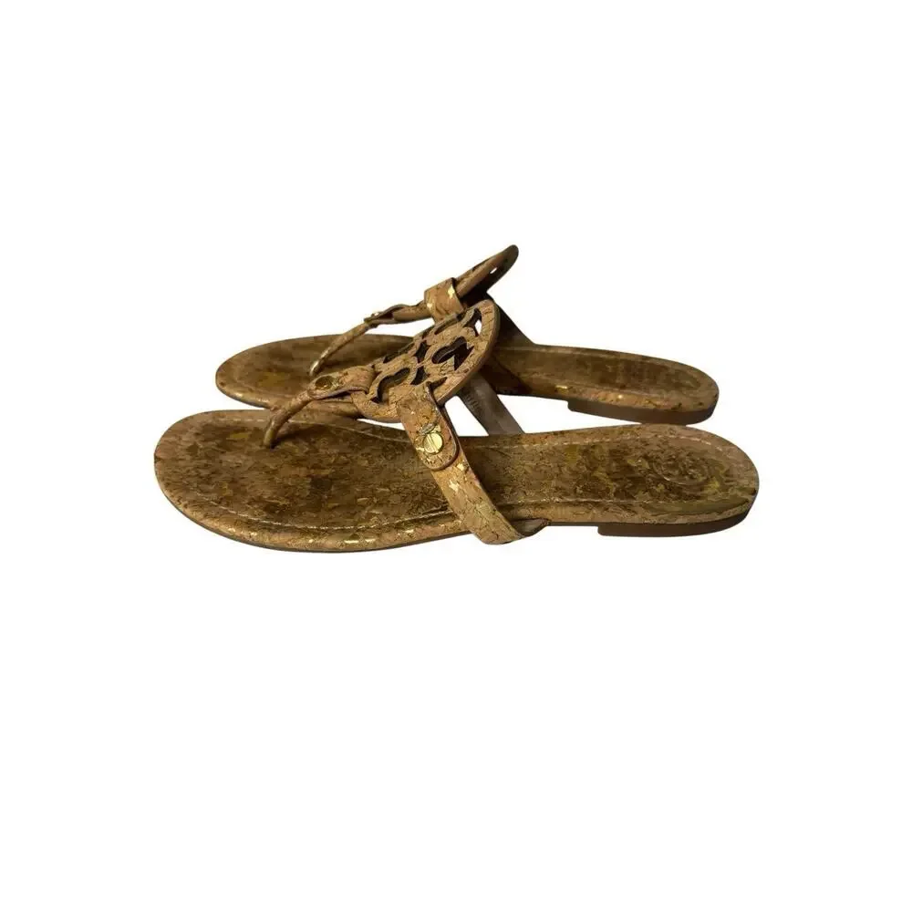 Tory Burch Miller Cork Neutral Thong Sandals Classic Logo Size US 8 Gold Flecks